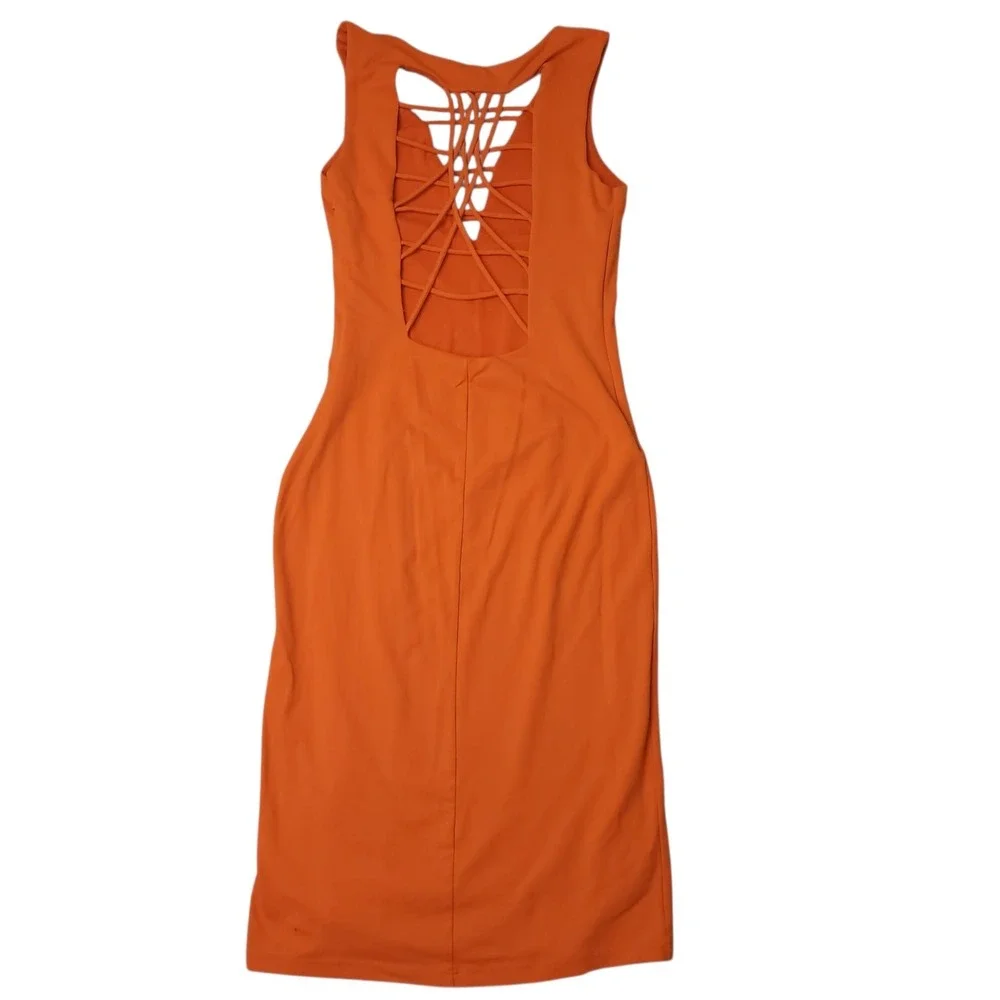 Vintage Bebe Orange Bodycon Midi Dress M Peekaboo Lattice Cage Back Strappy EUC